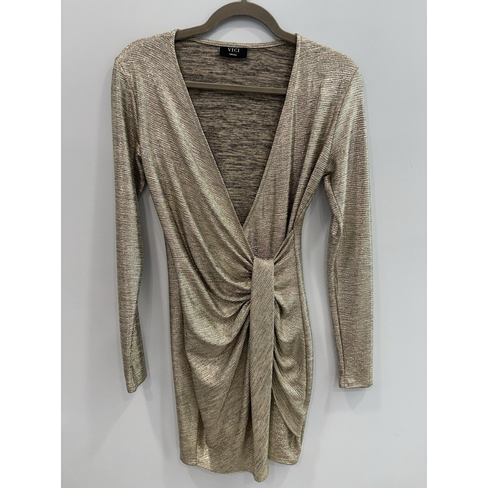 Vici Gold Shimmer Ruched Knot Front Long Sleeve Mini Dress Small Stretch Fit